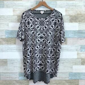 LuLaRoe Irma High Low Tunic Top Black White Kaleidoscope Print Womens XS